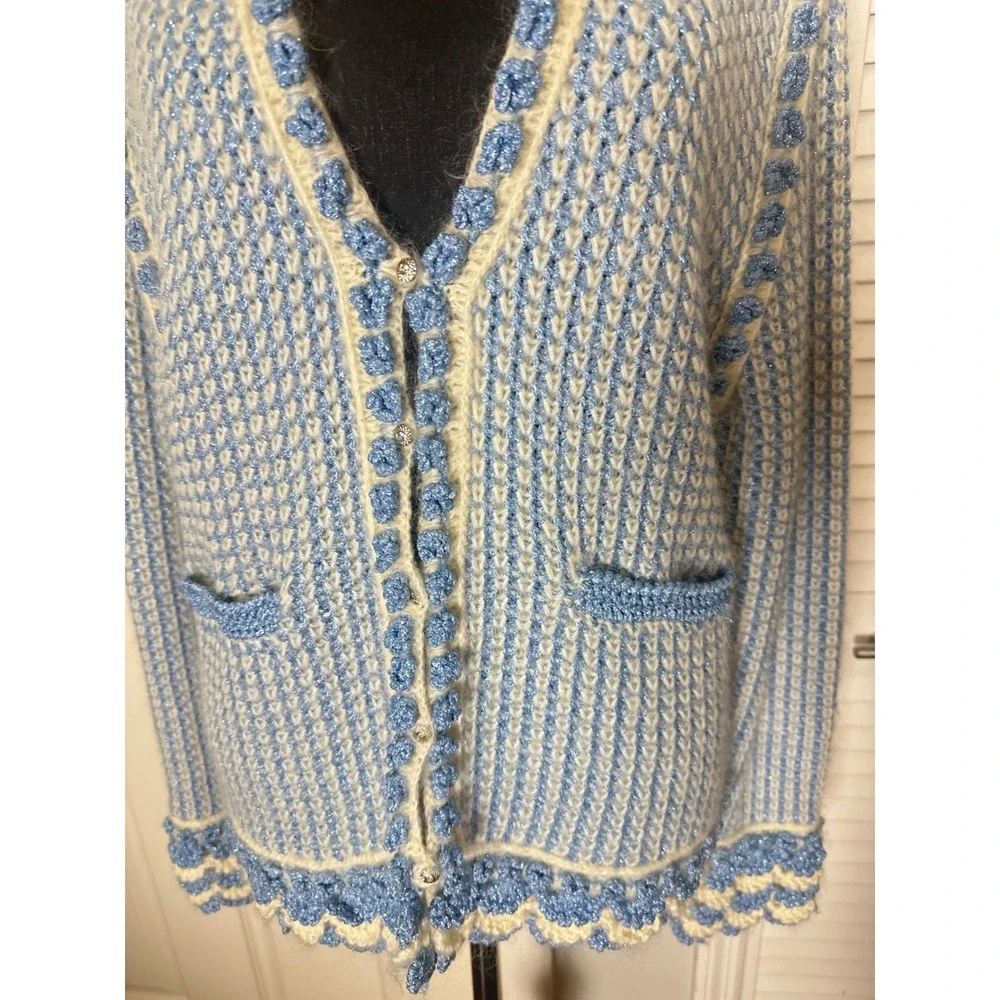 One Girl Who blue tweed cardigan mohair blend scallop metallic knit grandmacore